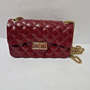 Deep Red Quilted Jelly Mini Handbag Gold Chain With Turn Lock Closure